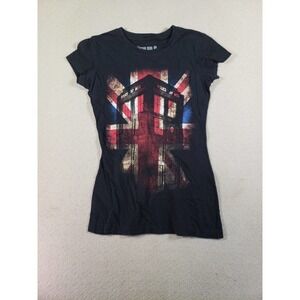Dr Who Top Womens Small Black Short Sleeve British Flag Print Cotton T-Shirt